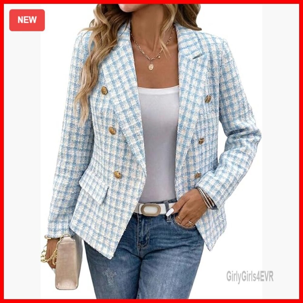 Double-Breasted Tweed Blazer Slim Fit Fully Lined Work Casual